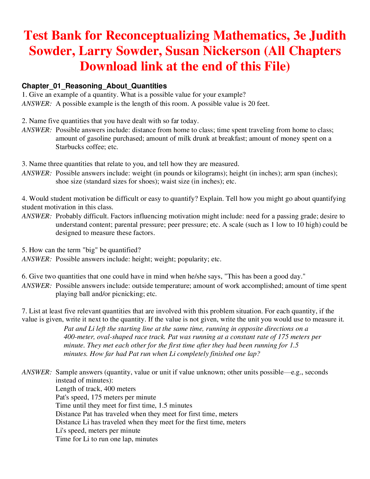 Recommended document preview for Reconceptualizing Mathematics 3rd Edition By Sowder, Sowder, Nickerson | TEST BANK